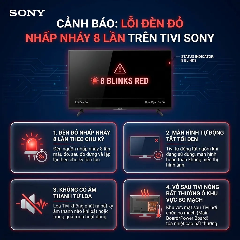 Sửa lỗi nháy 8 nháy đèn đỏ trên Tivi Sony KD-43X75K hiệu quả 3 Dấu hiệu nhận biết lỗi tivi Sony KD-43X75K nháy 8 nháy đỏ