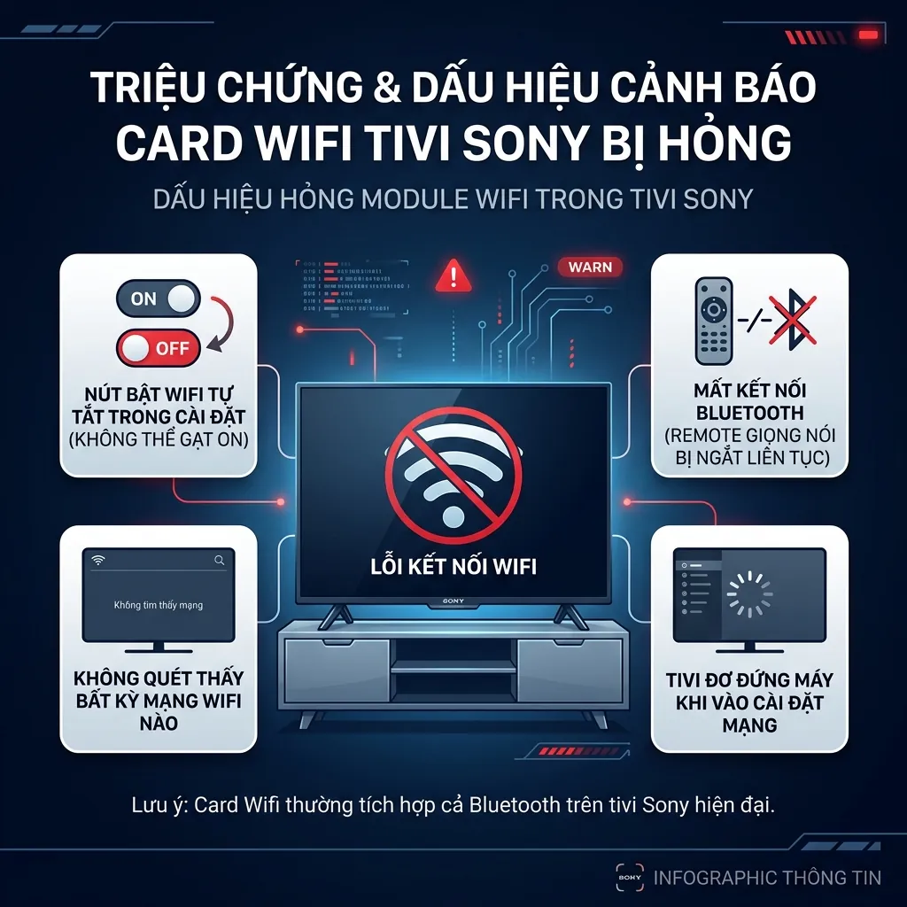 Sửa lỗi Tivi Sony KD-55X75K không kết nối được Wifi hiệu quả 3 Dấu hiệu nhận biết tivi Sony KD-55X75K bị hỏng card Wifi