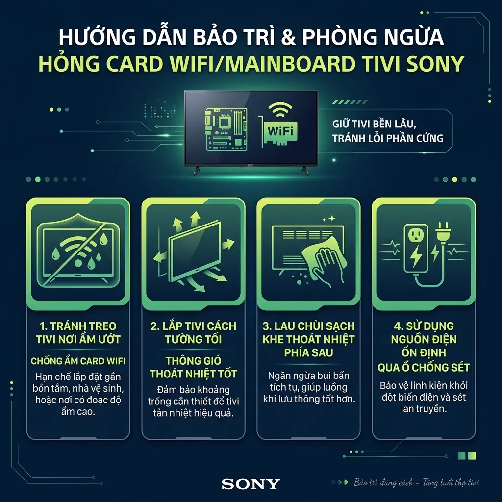 Sửa lỗi Tivi Sony KD-55X75K không kết nối được Wifi hiệu quả 4 Những lưu ý khi sử dụng tivi Sony để hạn chế hỏng bo mạch Wifi