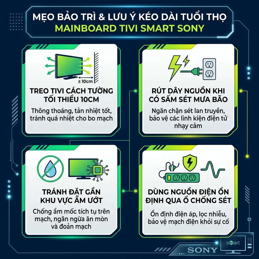 Sửa lỗi nháy 8 nháy đèn đỏ trên Tivi Sony KD-43X75K hiệu quả 4 Lưu ý quan trọng để kéo dài tuổi thọ bo mạch tivi Sony KD-43X75K