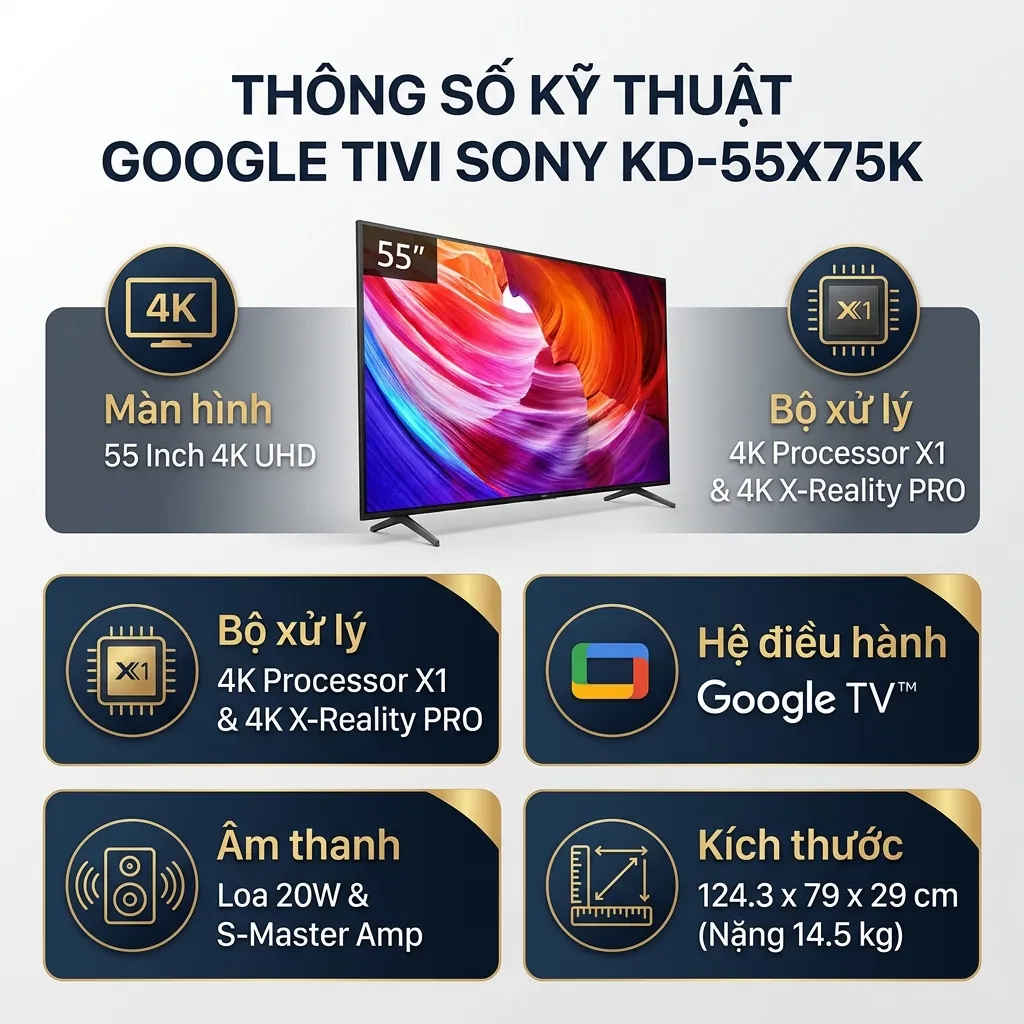 Sửa lỗi Tivi Sony KD-55X75K không kết nối được Wifi hiệu quả 2 Thông số kỹ thuật cơ bản của Google Tivi Sony KD-55X75K