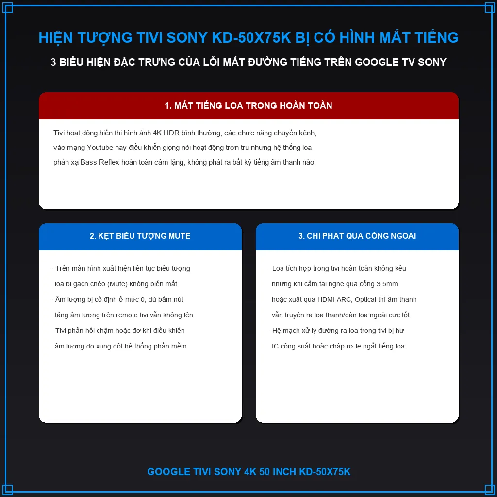 Sửa lỗi Tivi Sony KD-50X75K có hình mất tiếng cực kỳ nhanh chóng 2 Hiện tượng Tivi Sony KD-50X75K bị có hình mất tiếng