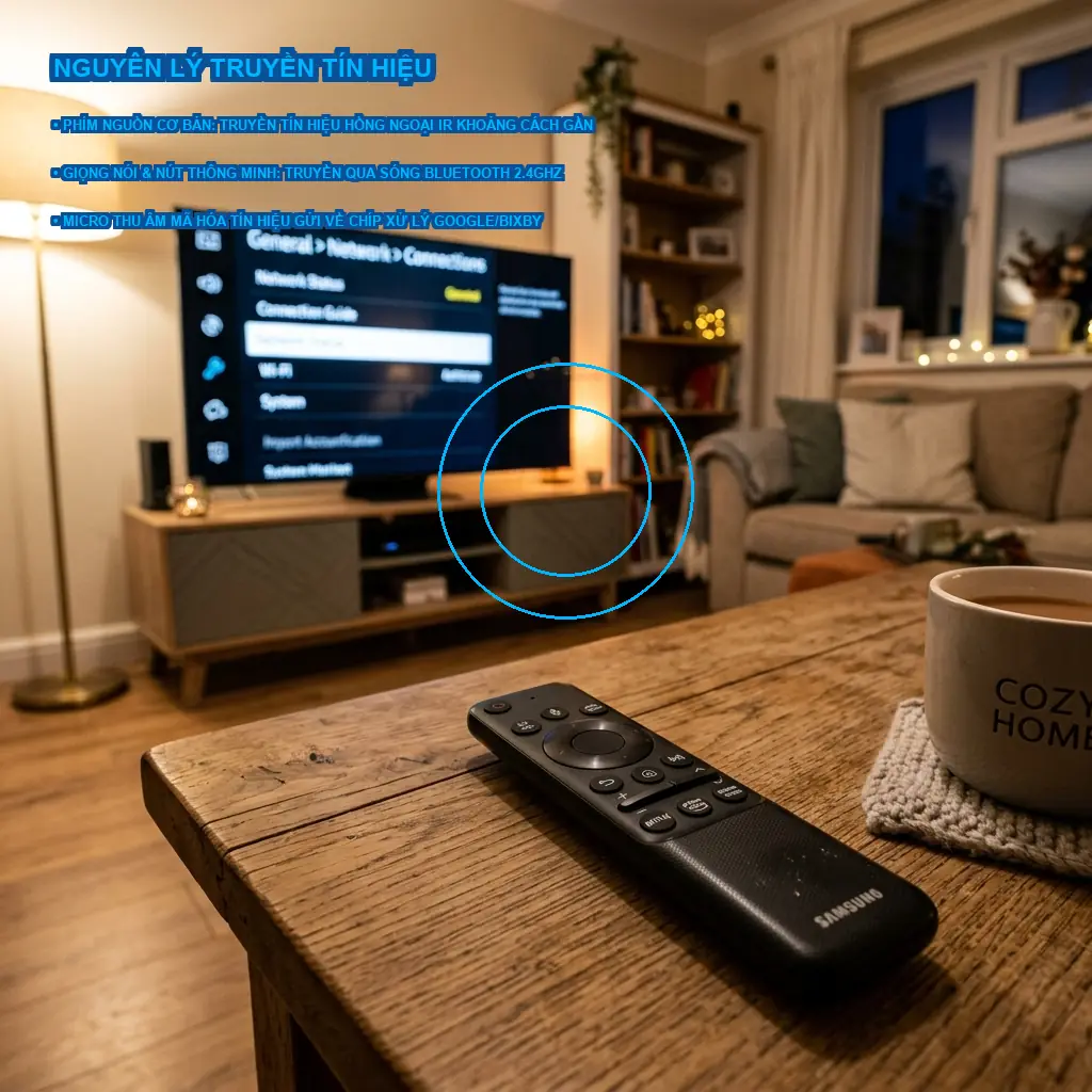 Cách kết nối lại remote giọng nói Tivi Samsung QA55Q70B bị lỗi 2 Nguyên lý hoạt động truyền tín hiệu của Remote Tivi Samsung QA55Q70B