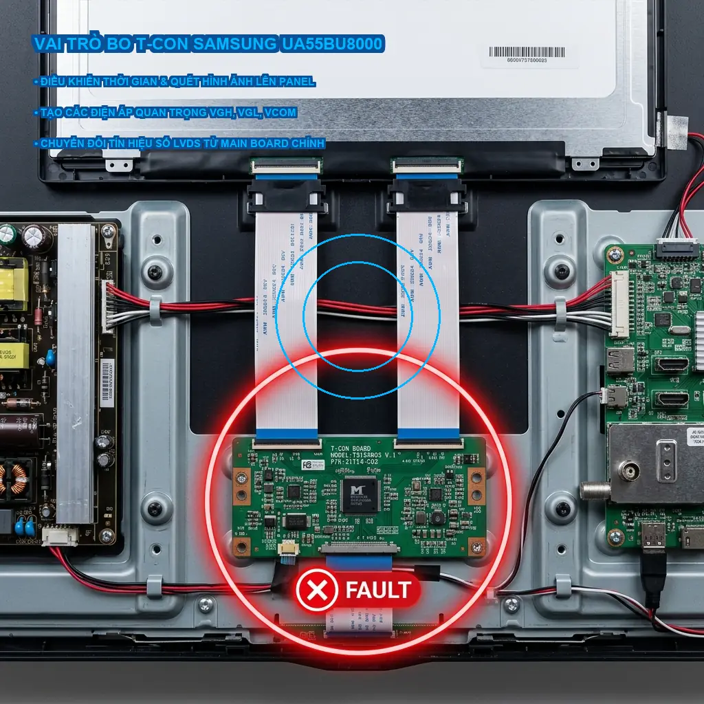 Sửa lỗi trắng màn hình Tivi Samsung UA55BU8000 do hỏng bo T-CON 2 Cơ chế hiển thị và vai trò của bo T-CON trên Tivi UA55BU8000